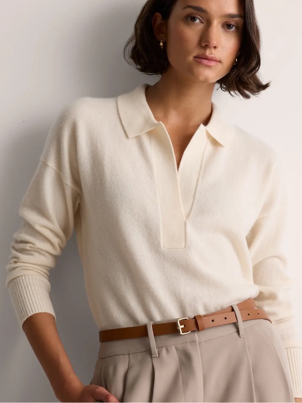 Quince Cashmere Cream Polo-Collar Sweater